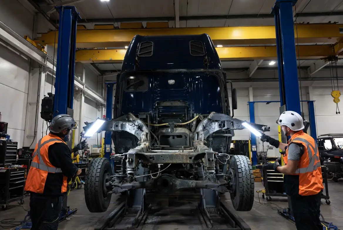 Mechanic inspecting signs of damaged truck chassis cracks and rust in Australia